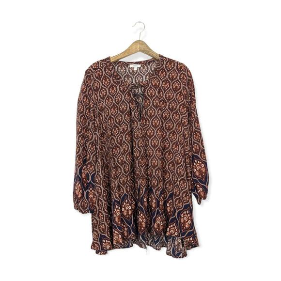 JODIFL Tops - Jodifl Rust Navy Keyhole Front Peasant Long Sleeve Tunic